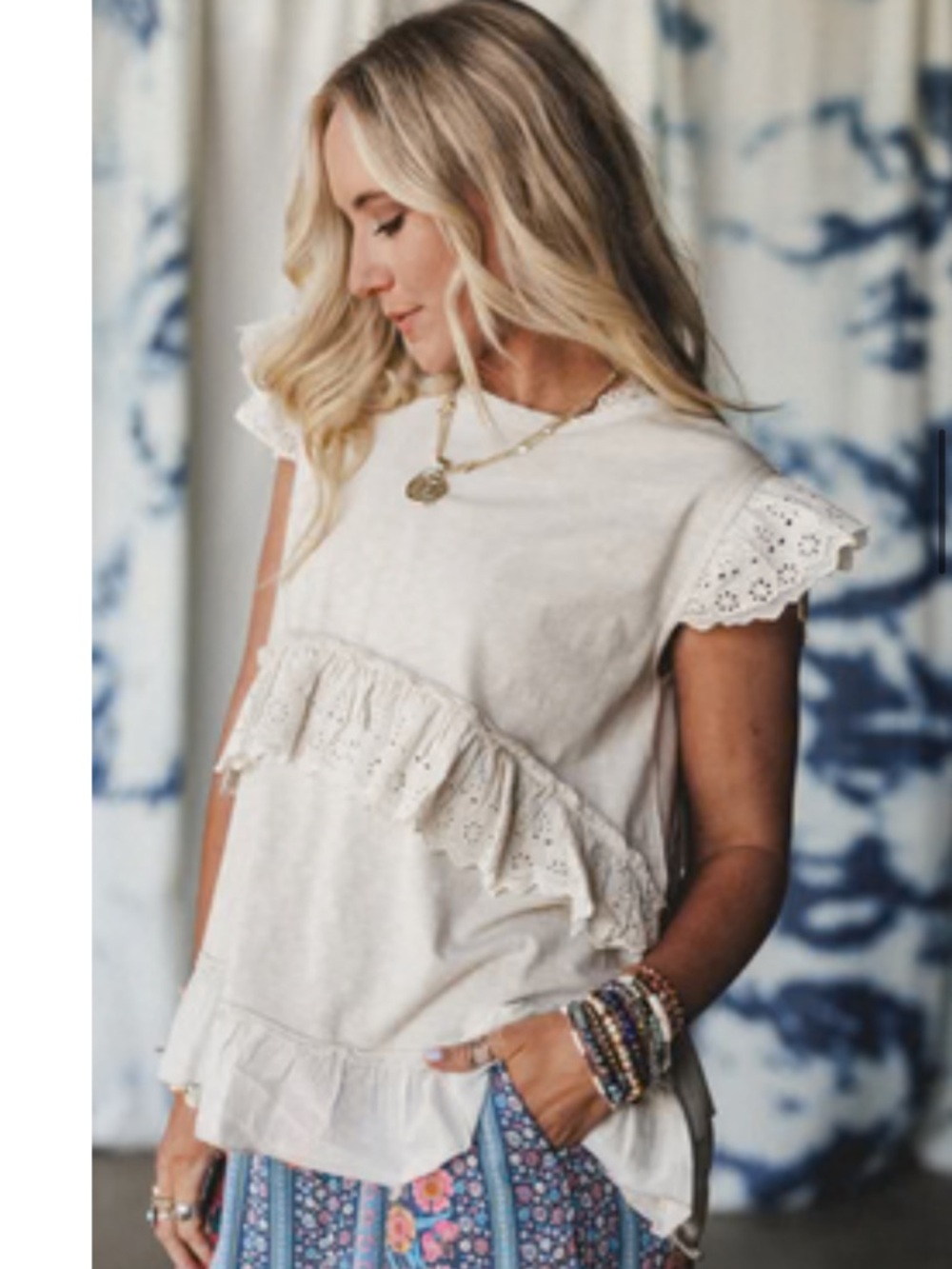 Three Bird Nest Cream Eyelet Ruffle Tunic